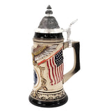 side of Ceramic beer stein  U.S. Air Force, bald eagle, raised American flags, star base, and pewter lid with ornate finial. Made in Germany by Zoeller & Born.