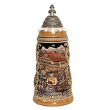 German beer stein with Bavarian couple in traditional clothes, farmhouse, bouquet, famous city landmarks, and pewter lid. Bottom banner reads "Bayern."