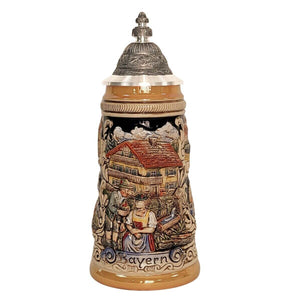 German beer stein with Bavarian couple in traditional clothes, farmhouse, bouquet, famous city landmarks, and pewter lid. Bottom banner reads "Bayern."