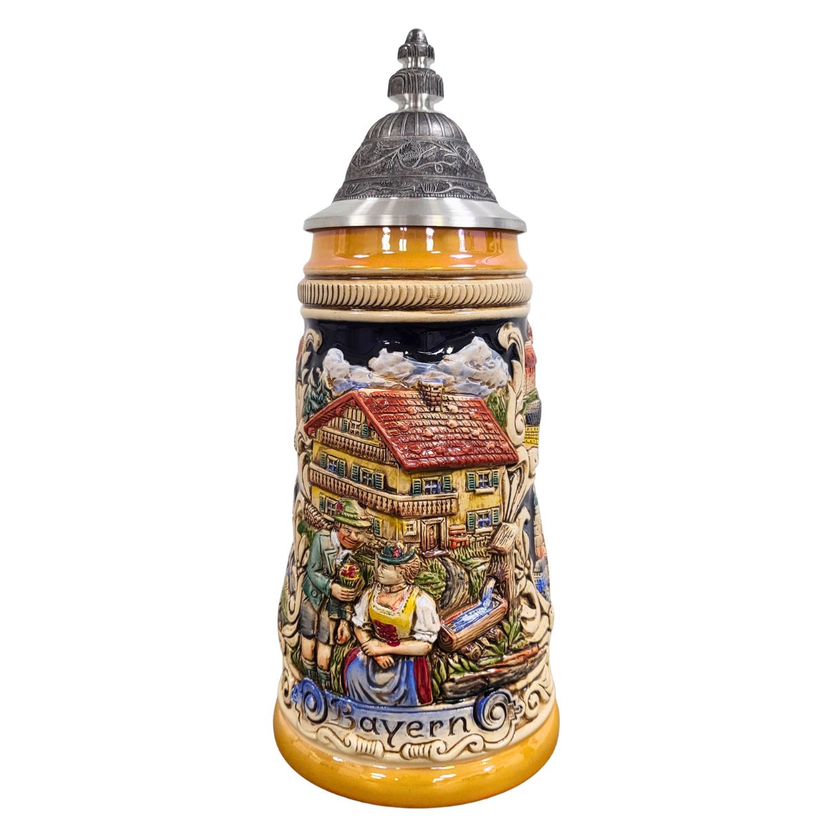 German Bavarian beer stein with alpine village scene, traditional couple, and pewter lid by Zoeller & Born