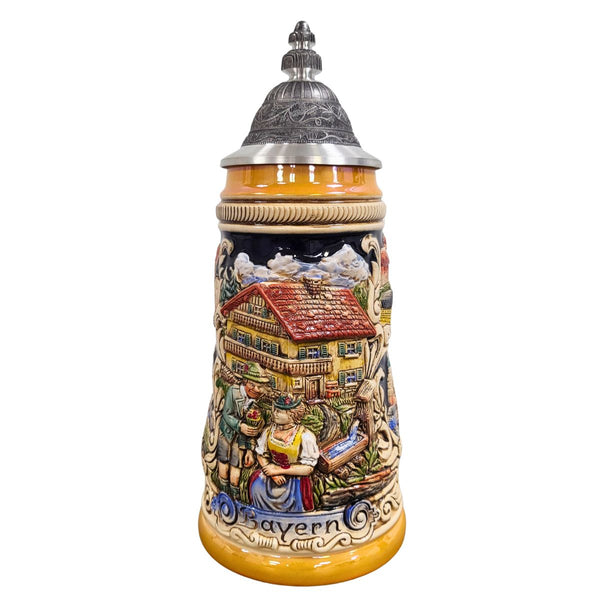 German Bavarian beer stein with alpine village scene, traditional couple, and pewter lid by Zoeller & Born