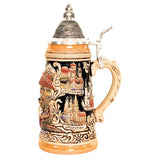 side of German beer stein with Bavarian couple in traditional clothes, farmhouse, bouquet, famous city landmarks (Nuernberg, Muenchen, Neuschwanstein), and pewter lid. Bottom banner reads "Bayern."