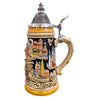 side of German beer stein with Bavarian couple in traditional clothes, farmhouse, bouquet, famous city landmarks (Nuernberg, Muenchen, Neuschwanstein), and pewter lid. Bottom banner reads "Bayern."