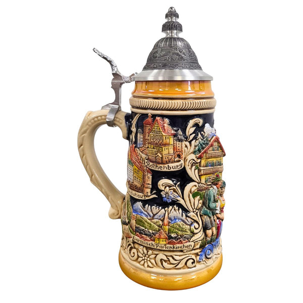 side of German beer stein with Bavarian couple in traditional clothes, farmhouse, bouquet, famous city landmarks (Rothenburg, Hofbraeuhaus, Garmisch-Partenkirchen), and pewter lid. Bottom banner reads "Bayern."