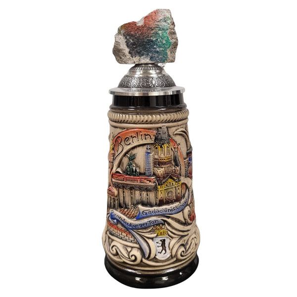 Berlin Panorama Beer Stein with Berlin Wall fragment lid by Zoeller & Born featuring Berlin landmarks in raised relief