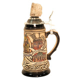 side of 0.25L German beer stein with Berlin landmarks Checkpoint Charly, Sanssouci in relief, and pewter lid featuring a real Berlin Wall fragment.