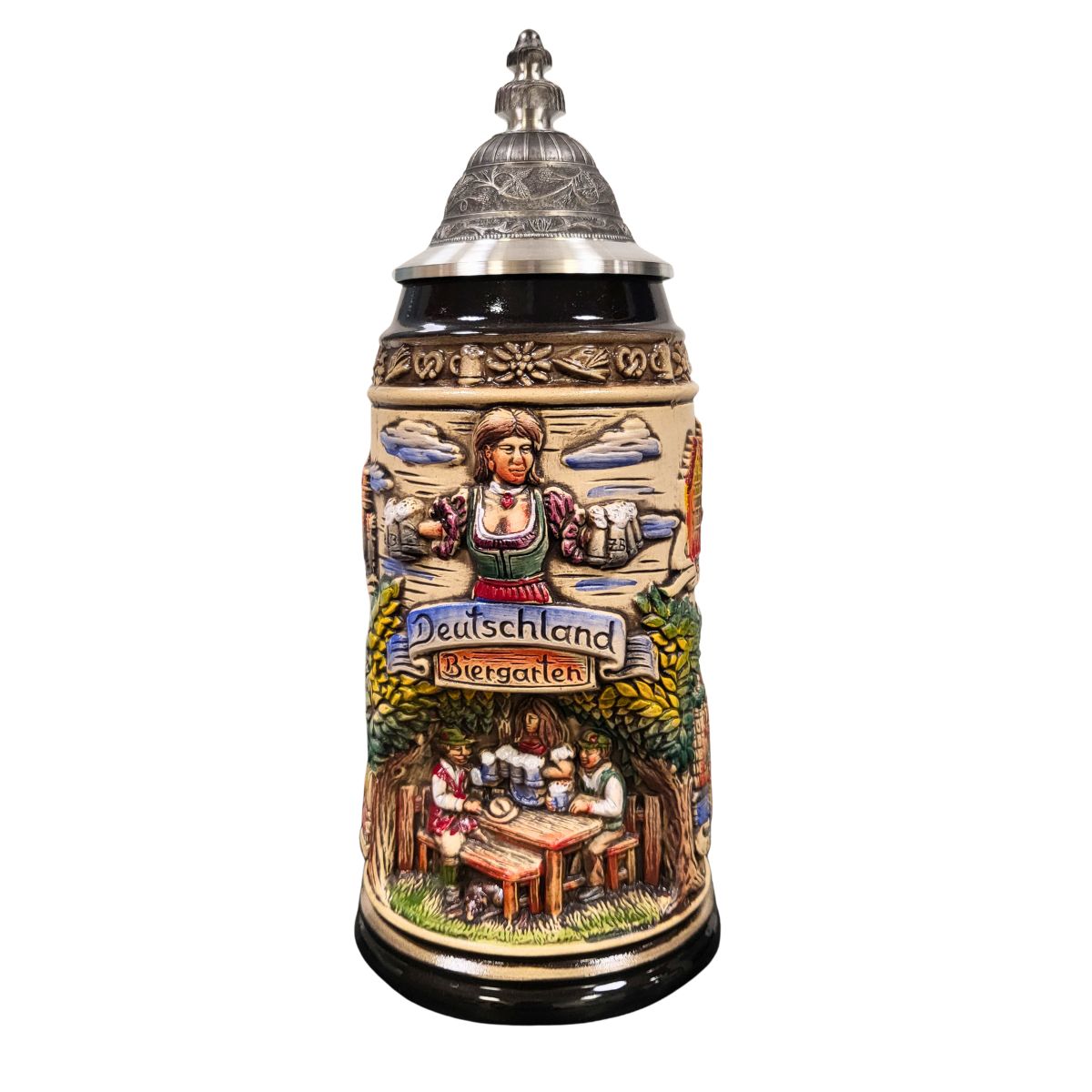 German beer stein with Deutschland Biergarten scene, Bavarian waitress, city reliefs, and pewter lid by Zoeller & Born