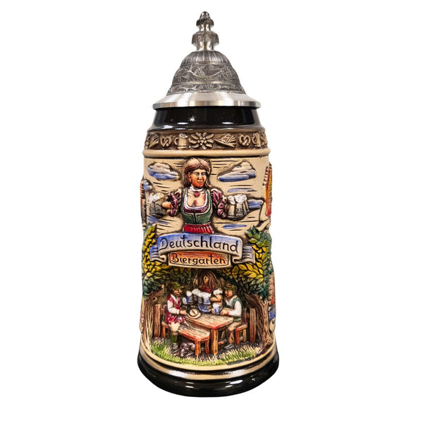 German beer stein with Deutschland Biergarten scene, Bavarian waitress, city reliefs, and pewter lid by Zoeller & Born