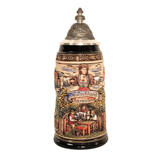 1-liter German beer stein with beer garden scene, Dirndl waitress, edelweiss rim, city reliefs, Deutschland Biergarten banner, and pewter lid.

