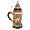 side of 1-liter German beer stein with  edelweiss rim, city reliefs, Berlin, Neuschwanstein, Nuernberg, Koeln, and pewter lid.
