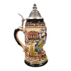 side of 1-liter German beer stein with  edelweiss rim, city reliefs, Berlin, Neuschwanstein, Nuernberg, Koeln, and pewter lid.