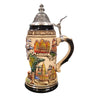 side of 1-liter German beer stein with  edelweiss rim, city reliefs, Frankfurt, Muenchen, Rothenburg, and pewter lid.