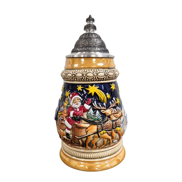 Zoeller & Born German Christmas beer stein with Santa in sleigh, flying reindeer, snowy village and engraved pewter lid