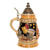 side of German beer stein with Santa sleigh scene, Christmas banner, starry sky, and domed engraved pewter lid.