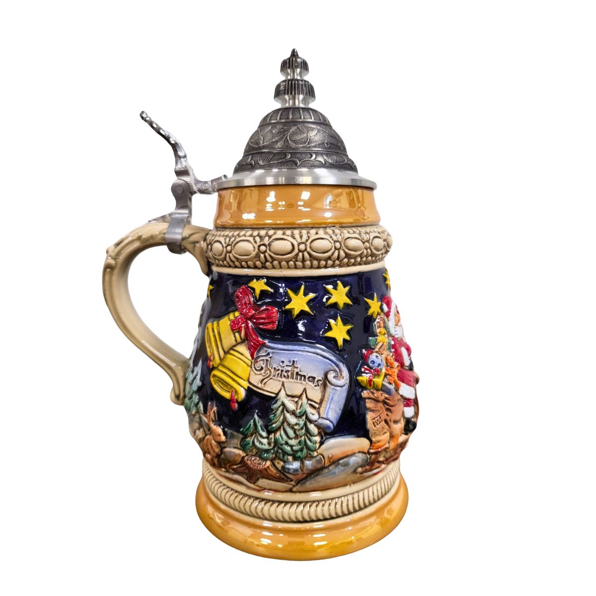 side of German beer stein with Santa sleigh scene, Christmas banner, starry sky, and domed engraved pewter lid.