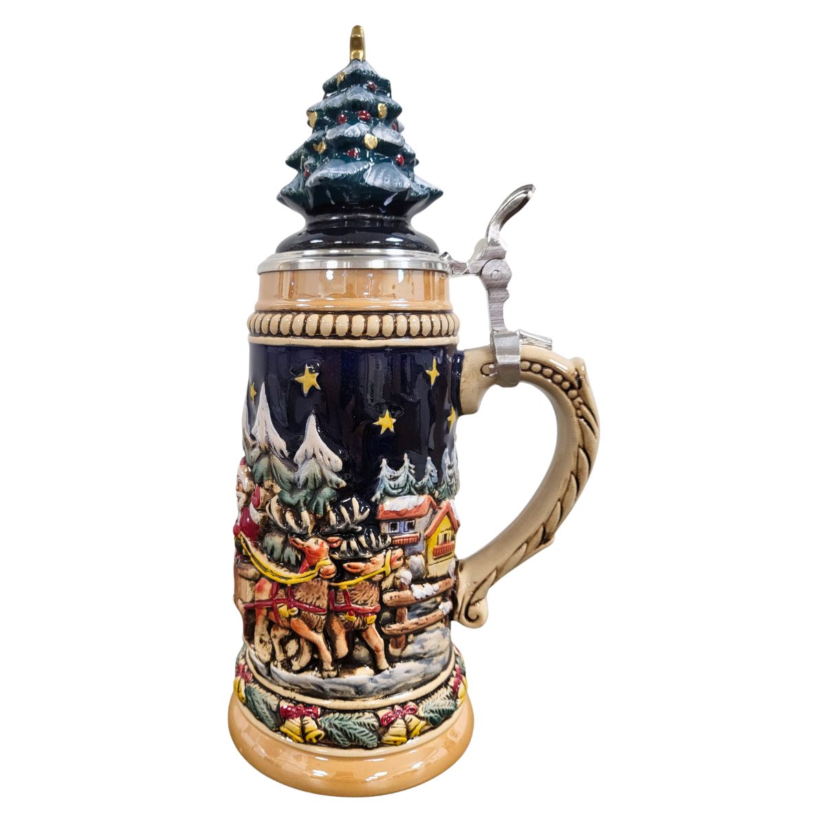 side of German beer stein with Santa sleigh scene, reindeer, snowy forest, and ceramic Christmas tree lid topped with a golden star.