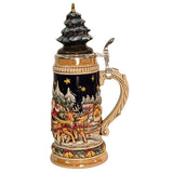 side of German beer stein with Santa sleigh scene, reindeer, snowy forest, and ceramic Christmas tree lid topped with a golden star.

