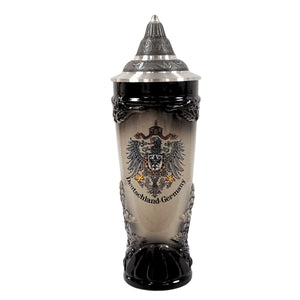 Ceramic Germanic drinking horn beer stein with Imperial Eagle, pewter lid, oak leaf detailing, and curved base. Made in Germany by Zoeller and Born.
