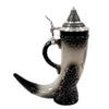 Ceramic Germanic drinking horn beer stein with Imperial Eagle, pewter lid, oak leaf detailing, and curved base. Made in Germany by Zoeller and Born.