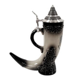 Ceramic Germanic drinking horn beer stein with Imperial Eagle, pewter lid, oak leaf detailing, and curved base. Made in Germany by Zoeller and Born.
