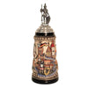 German beer stein with panoramic city scenes, castle, knight with halberd and crest, German flags, and pewter lid topped with armored knight figure.

