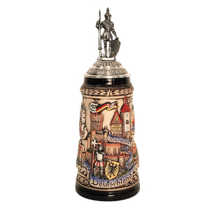 German beer stein with panoramic city scenes, castle, knight with halberd and crest, German flags, and pewter lid topped with armored knight figure.

