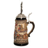 side of German beer stein with panoramic city scenes, Muenchen, Koeln, Heidelberg,Frankfurt, and pewter lid topped with armored knight figure.

