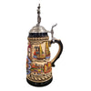 side of German beer stein with panoramic city scenes, Muenchen, Koeln, Heidelberg,Frankfurt, and pewter lid topped with armored knight figure.