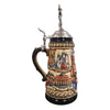 side of German beer stein with panoramic city scenes, Loreley, Neuschwanstein, Schwarzwald, Berlin, and pewter lid topped with armored knight figure.