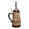 side of German beer stein with panoramic city scenes, Loreley, Neuschwanstein, Schwarzwald, Berlin, and pewter lid topped with armored knight figure.

