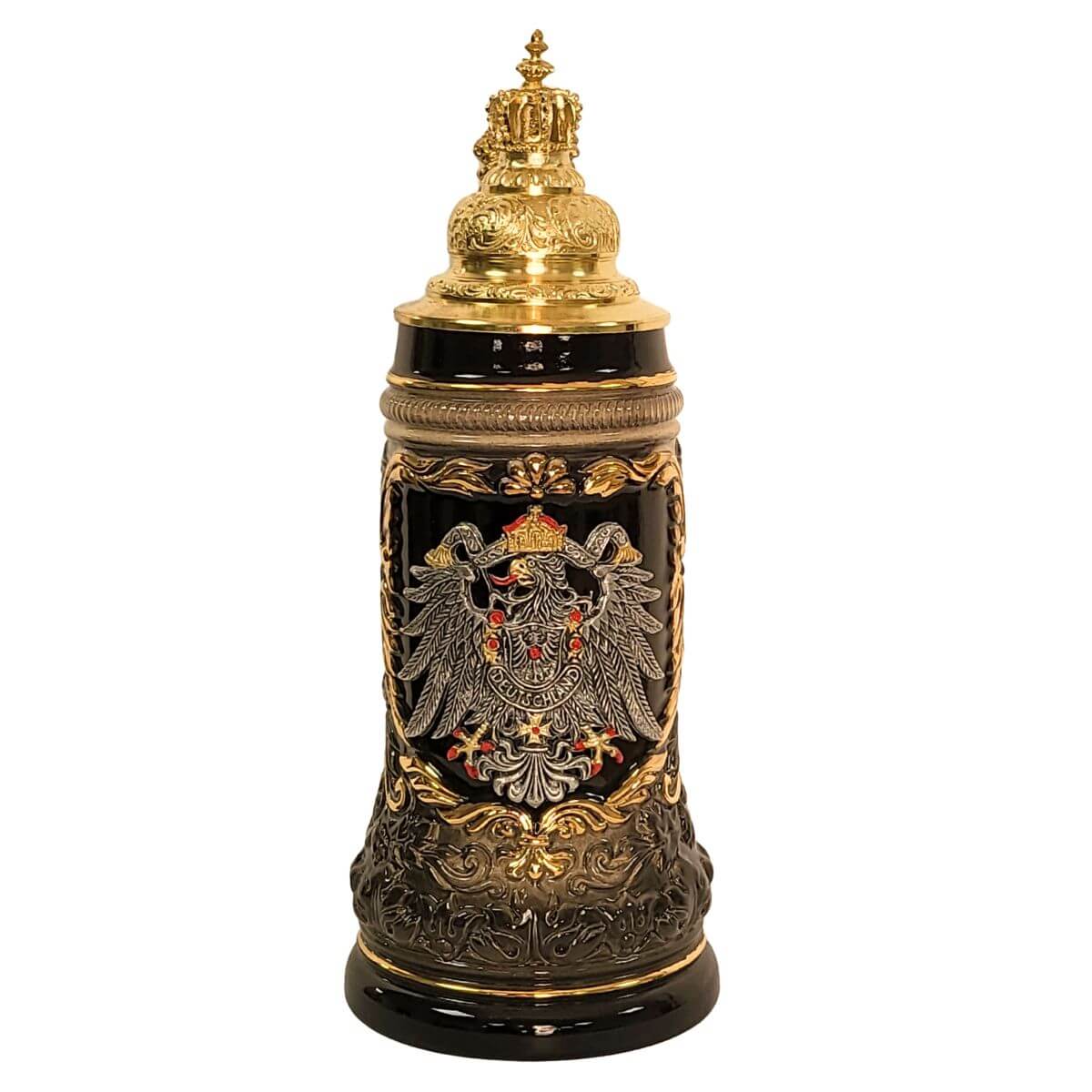German beer stein with raised Imperial Eagle and coat of arms, topped with gold-colored crown-shaped pewter lid, 0.5L capacity.