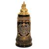 German beer stein with raised Imperial Eagle and coat of arms, topped with gold-colored crown-shaped pewter lid, 0.5L capacity.