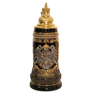 German beer stein with raised Imperial Eagle and coat of arms, topped with gold-colored crown-shaped pewter lid, 0.5L capacity.