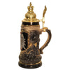 side of German beer stein with raised Imperial Eagle and coat of arms, topped with gold-colored crown-shaped pewter lid, 0.5L capacity.