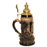 side of German beer stein with raised Imperial Eagle and coat of arms, topped with gold-colored crown-shaped pewter lid, 0.5L capacity.