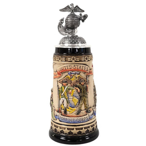 Ceramic Marine Corps beer stein with  pewter lid topped with Eagle Globe Anchor finial. Made in Germany.