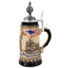 Ceramic Marine Corps beer stein with combat scenes, American flag, Semper Fi banner, and pewter lid topped with Eagle Globe Anchor finial. Made in Germany.