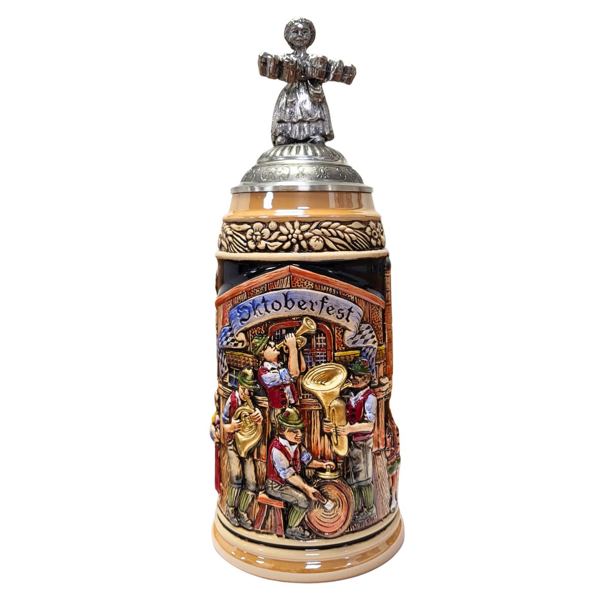 1-liter German Oktoberfest beer stein with Bavarian band, Munich landmarks, and pewter lid topped with waitress holding 10 beer mugs.