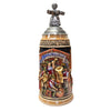 1-liter German Oktoberfest beer stein with Bavarian band, Munich landmarks, and pewter lid topped with waitress holding 10 beer mugs.