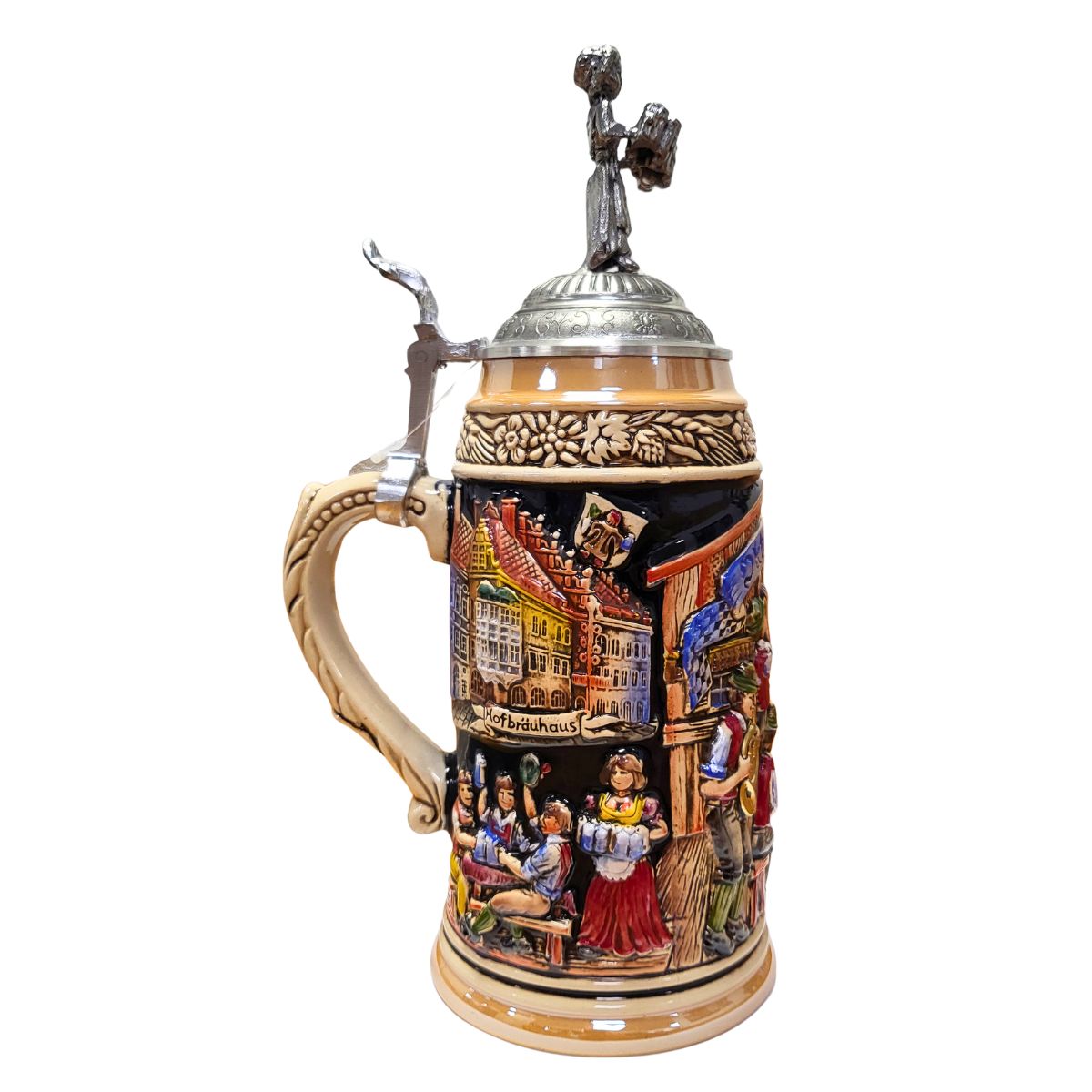 side of 1-liter German Oktoberfest beer stein with Bavarian band, Munich Hofbraeuhaus, and pewter lid topped with waitress holding 10 beer mugs.