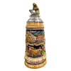German beer stein with Rhine River panorama, castles, vineyard scene, and pewter Loreley figurine lid