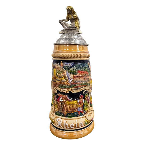 German beer stein with Rhine River panorama, castles, vineyard scene, and pewter Loreley figurine lid