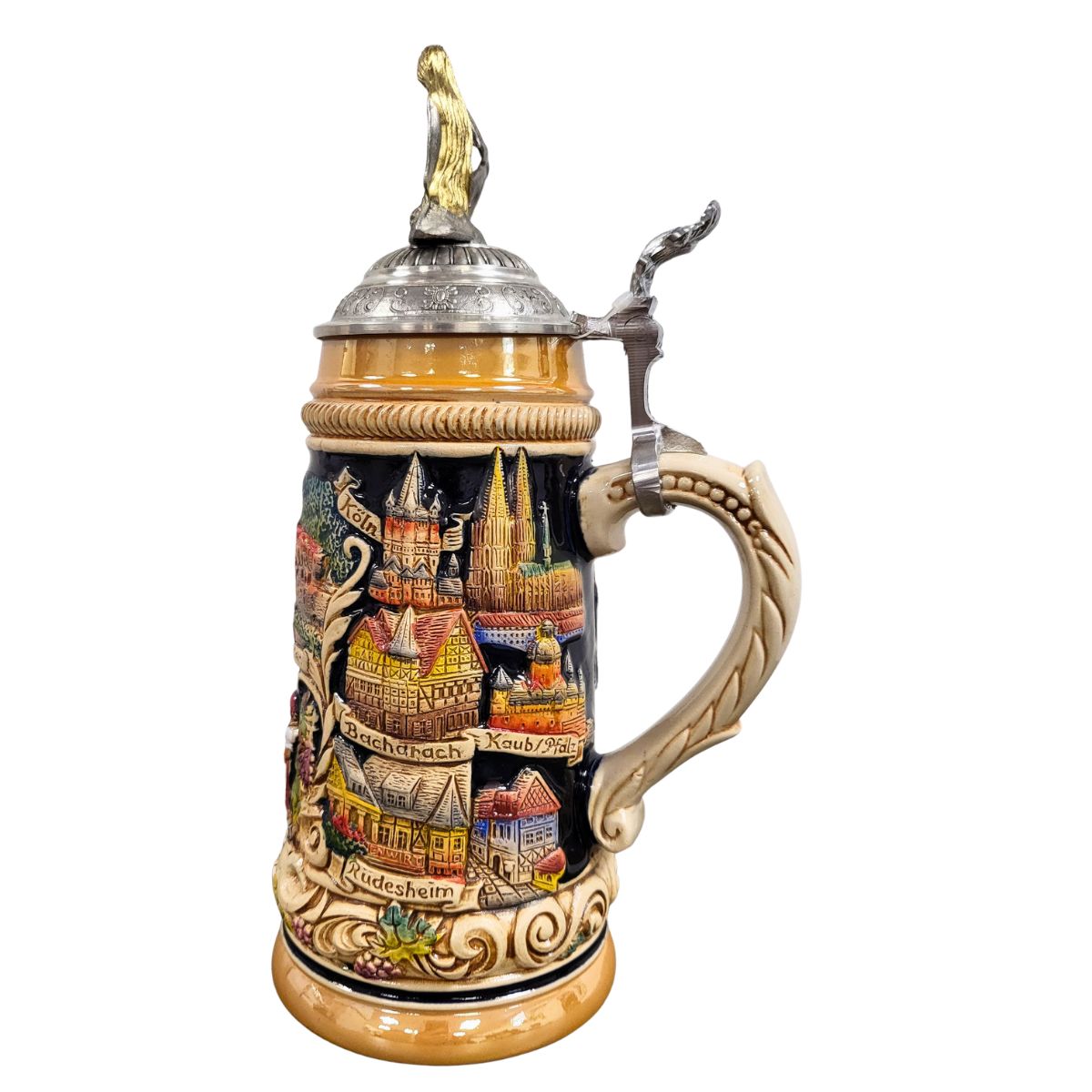 side of German beer stein with Loreley figurine lid, Rhine River panorama, castles, vineyard scene, white ship, and historic cities Koeln, Bacharach, Kaub/Pfalz, Ruedesheim