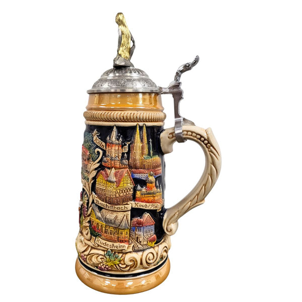 side of German beer stein with Loreley figurine lid, Rhine River panorama, castles, vineyard scene, white ship, and historic cities Koeln, Bacharach, Kaub/Pfalz, Ruedesheim