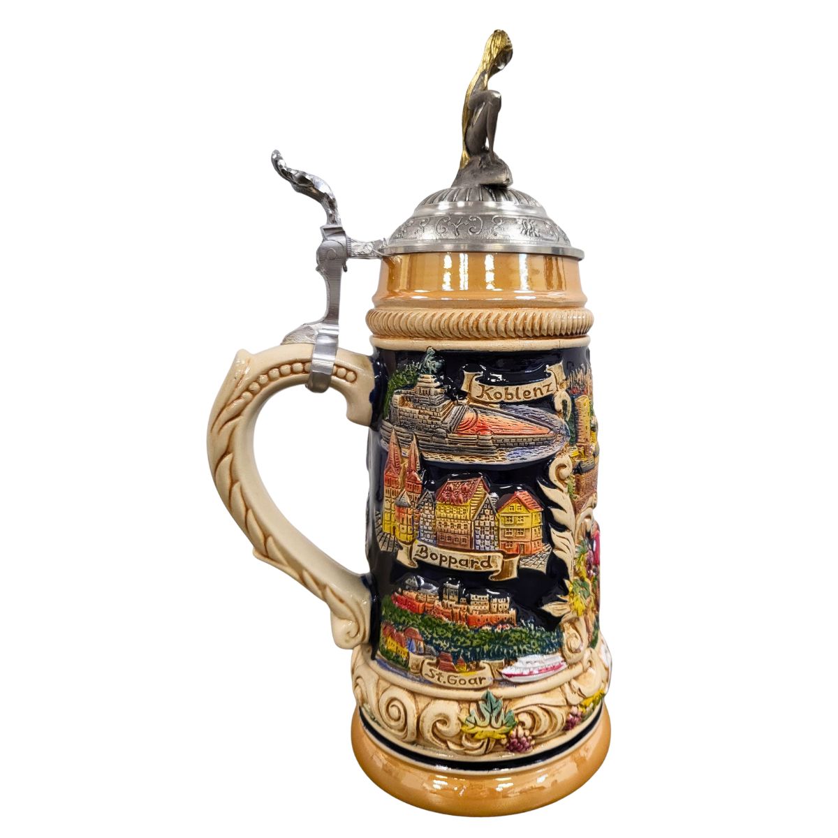 side of German beer stein with Loreley figurine lid, Rhine River panorama, castles, vineyard scene, white ship, and historic cities Koblenz, Boppard, St. Goar .