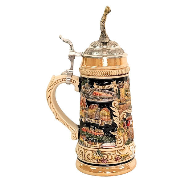 side of German beer stein with Loreley figurine lid, Rhine River panorama, castles, vineyard scene, white ship, and historic cities Koblenz, Boppard, St. Goar .