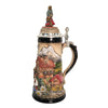 1-liter German beer stein with alpine couple, edelweiss flowers, mountain chalet, and pewter lid with dancing Bavarian figurines.

