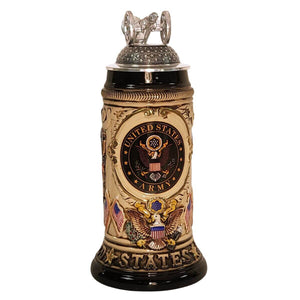 German beer stein with U.S. Army seal, eagle, historical and modern soldiers, rifles on handle, and pewter lid topped with a miniature cannon.