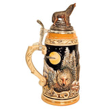 side of Wolf-themed German beer stein close-up of a wolf's face staring directly ahead, and pewter lid topped with a hand-painted wolf figurine.