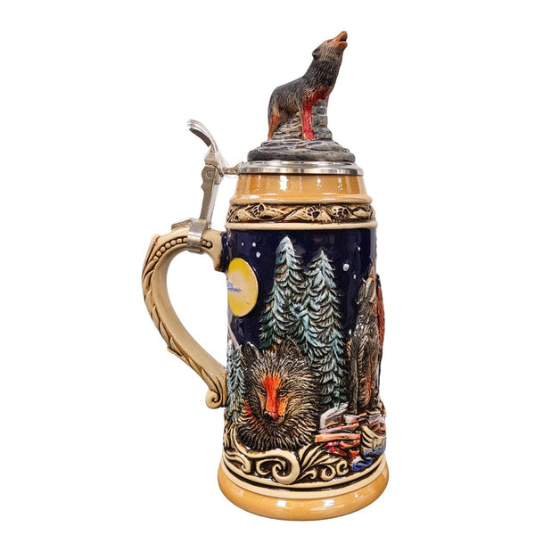 side of Wolf-themed German beer stein close-up of a wolf's face staring directly ahead, and pewter lid topped with a hand-painted wolf figurine.